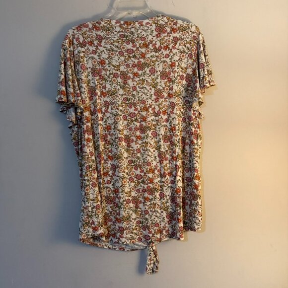 Oak & Trellis Womens Cream Multicolored Floral Tie Front Shirt Top Size 2X - Picture 2 of 5